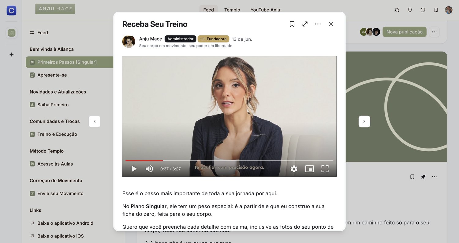 Comunidade no Circle vista no computador, com os espaços Primeiros Passos, Treino e Execução, Método Templo e Correção de Movimento