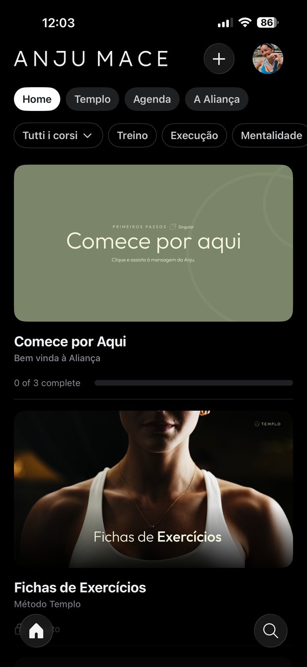 Comunidade no Circle vista no celular, com as abas Home, Templo, Agenda e A Aliança e as aulas do Método Templo